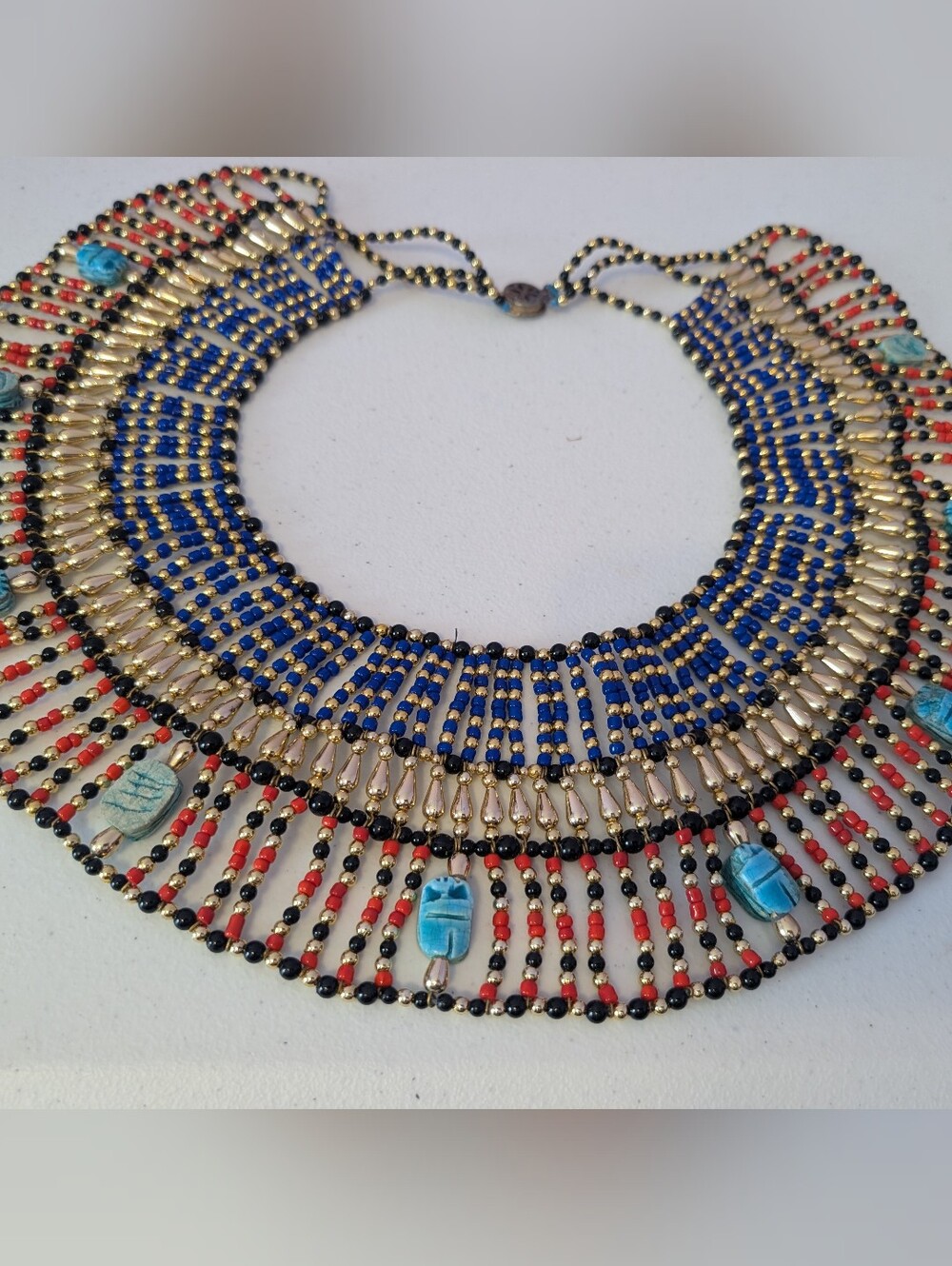 Vintage Egyptian Revival Scarab Beaded Collar Necklace